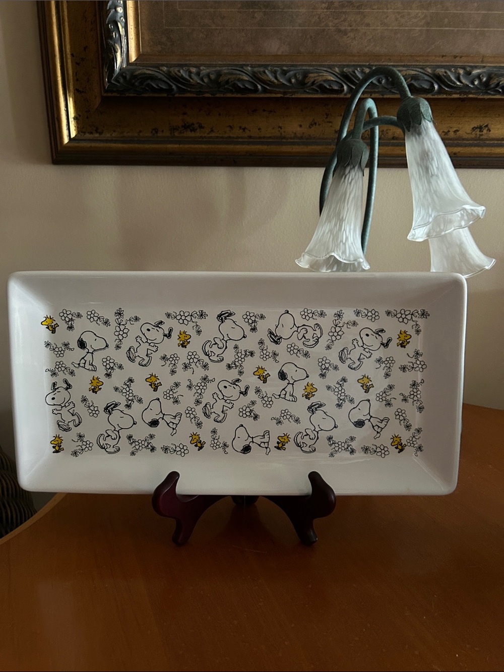 Peanuts Snoopy Pattern Ceramic Serving Tray - White with Yellow Accents